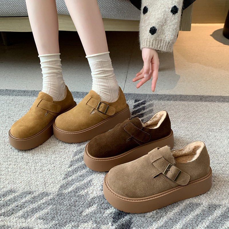 厚底加绒勃肯鞋毛绒女保暖棉鞋外穿雪地靴宽胖脚大码女鞋懒人增高