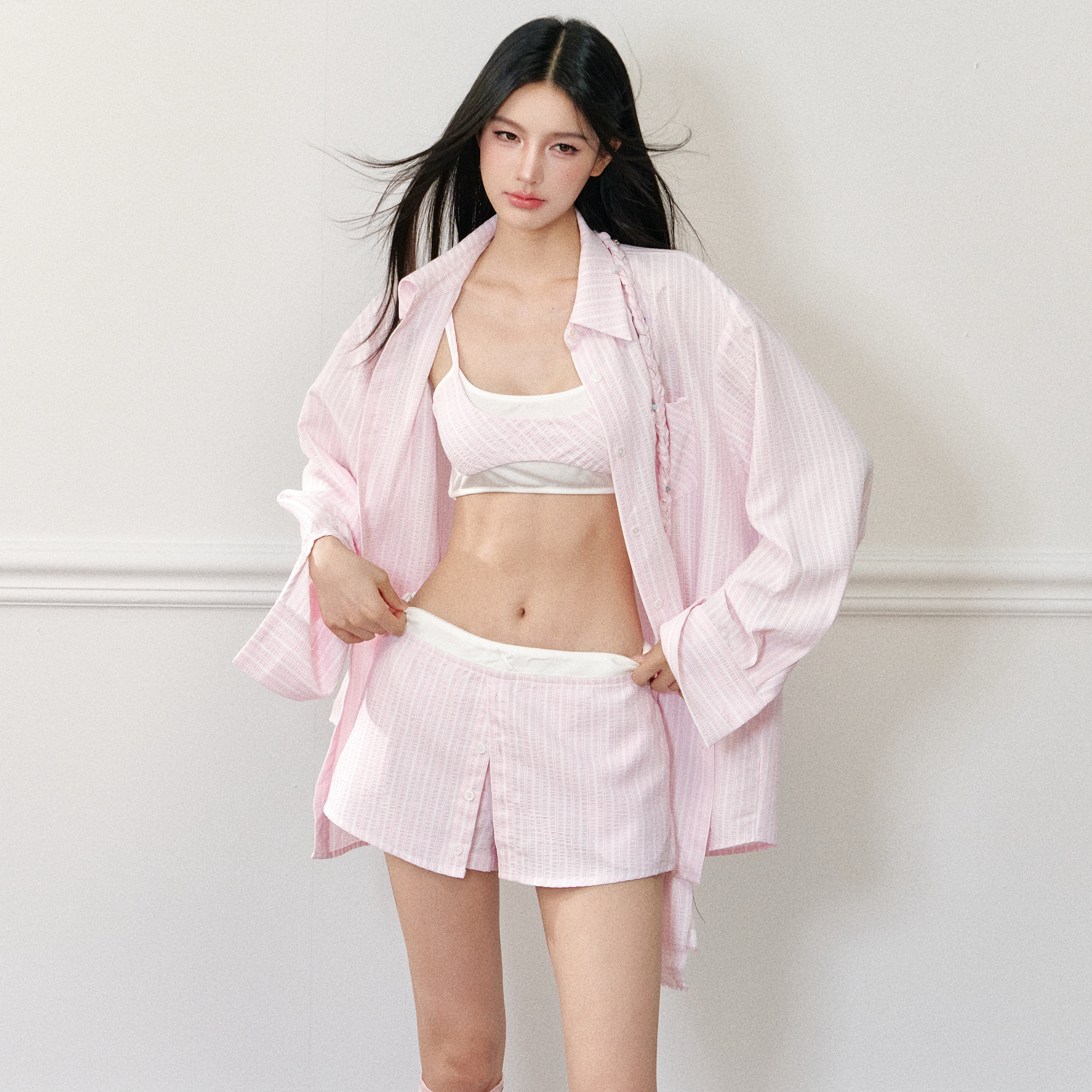 AGAM STUDIO 假两件背心+假两件裙裤+编织绳条纹衬衫+休闲阔腿裤