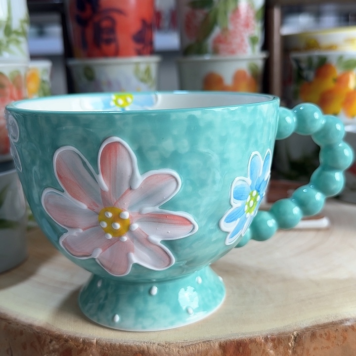 景德镇陶瓷立体浮雕手工手绘早餐杯