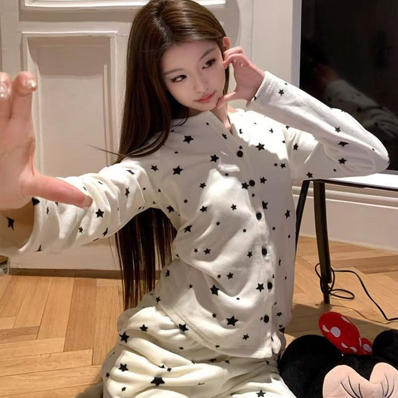 白色星星德绒250斤睡衣女套装舒适休