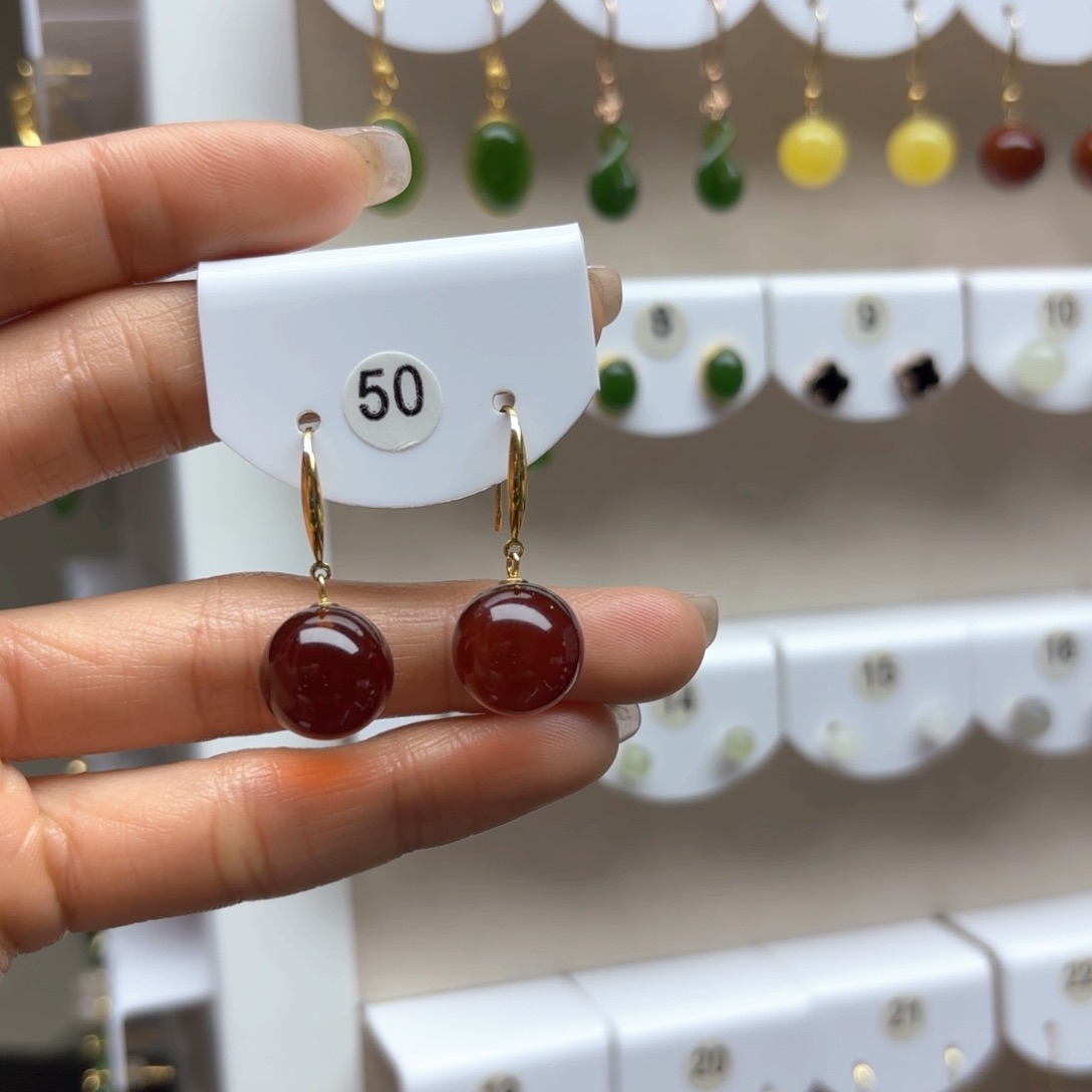 琥珀耳饰银S925镶嵌血珀