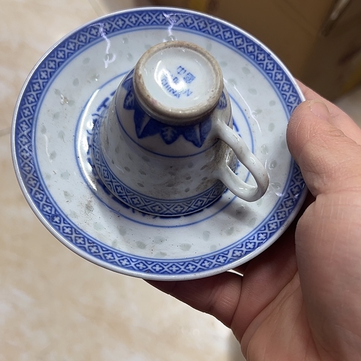 陶摆件景德镇青花玲珑杯加叠