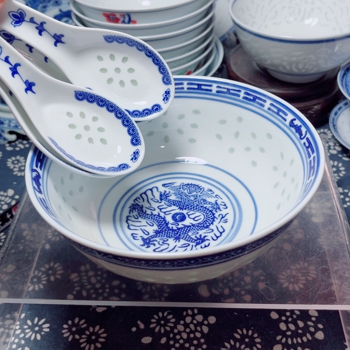 青花玲珑6寸面碗龙纹4个4个勺用****4