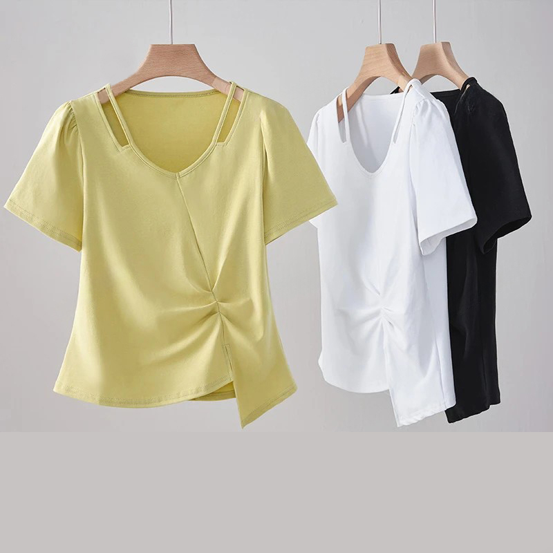 【高品质】不规则上衣小个子遮肉显瘦镂空短袖女上衣女胖mm显瘦遮肉