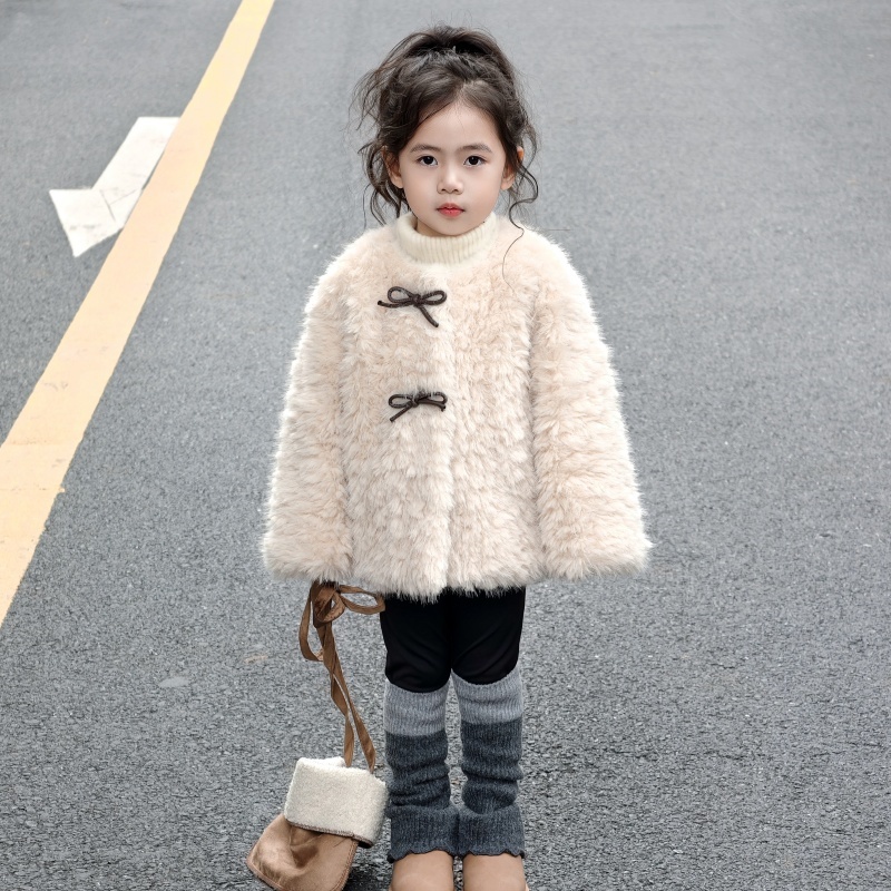 女童冬季加绒加厚棉袄仿皮草外套环保毛毛保暖时尚可爱蝴蝶结