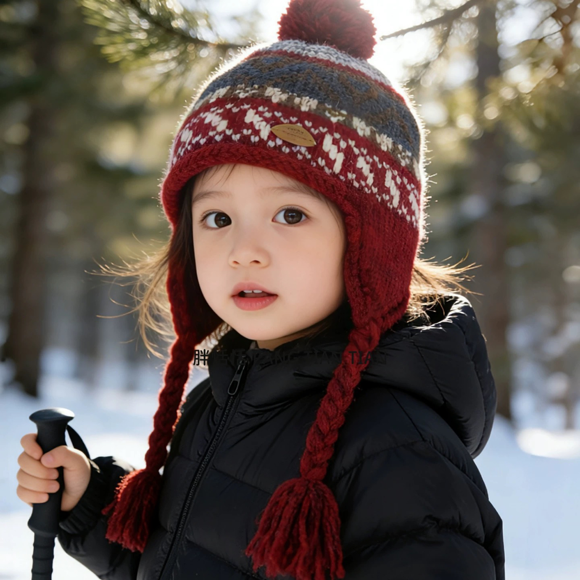 儿童针织帽冬季加棉保暖护耳帽费尔岛风提花洋气男女童辫子毛线帽