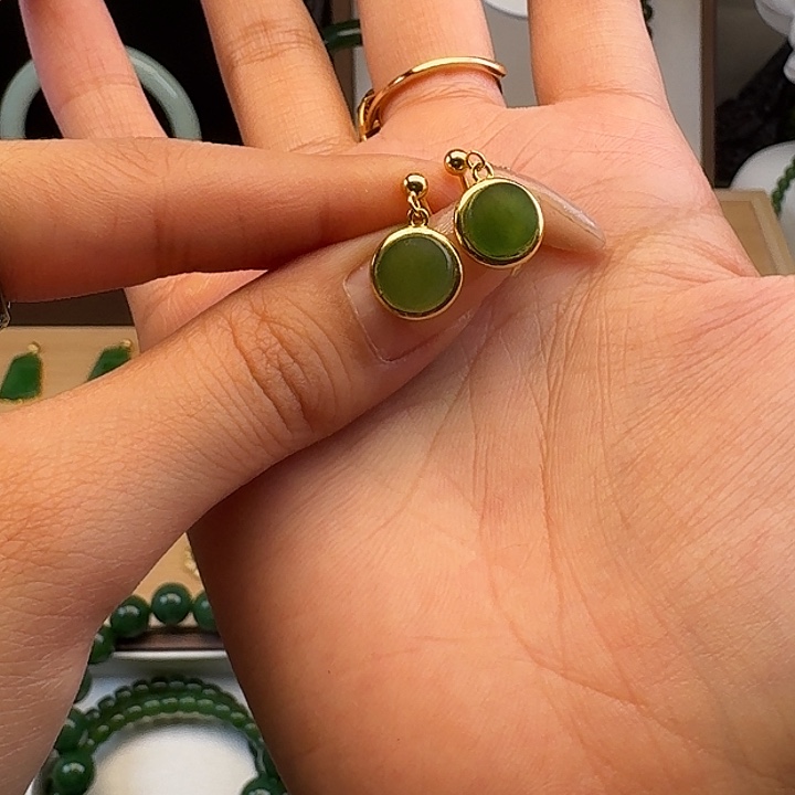 和田玉（碧玉）银S925镶嵌耳饰