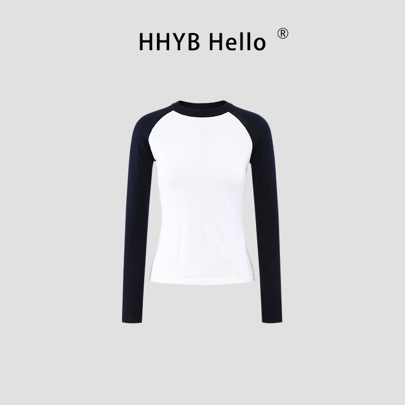 HHYB Hello插肩袖拼色圆领针织衫女2026春季新款长袖上衣M1500