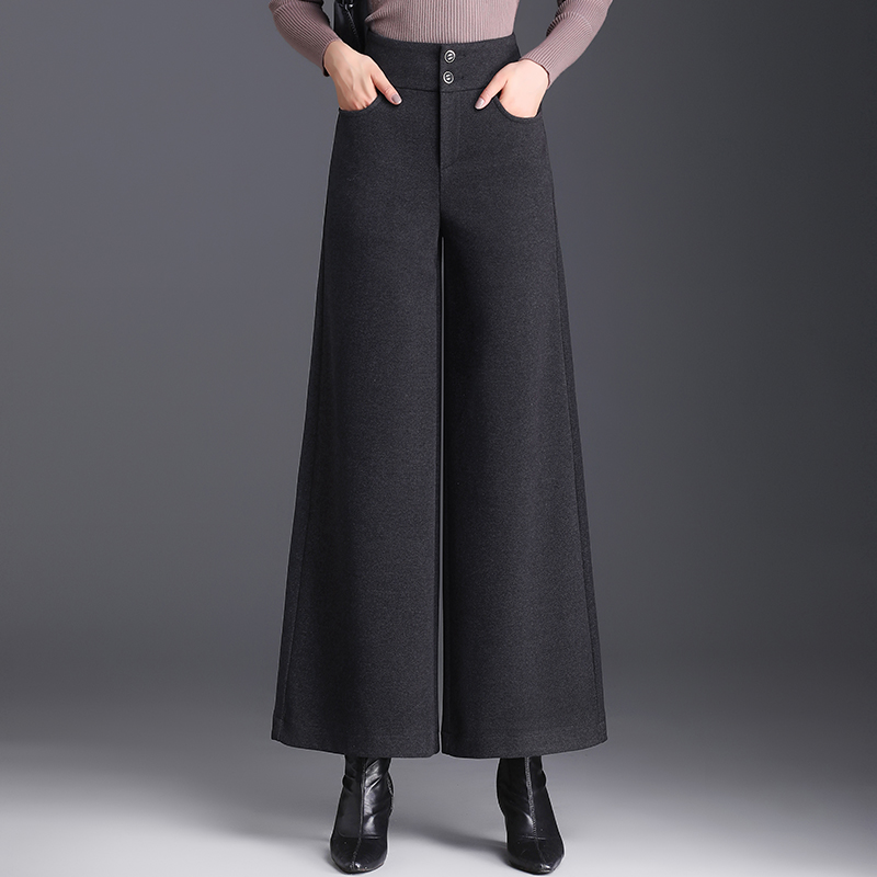 秋冬垂感宽松毛呢阔腿裤女百搭九分裤高腰显瘦长裤直筒休闲裤子