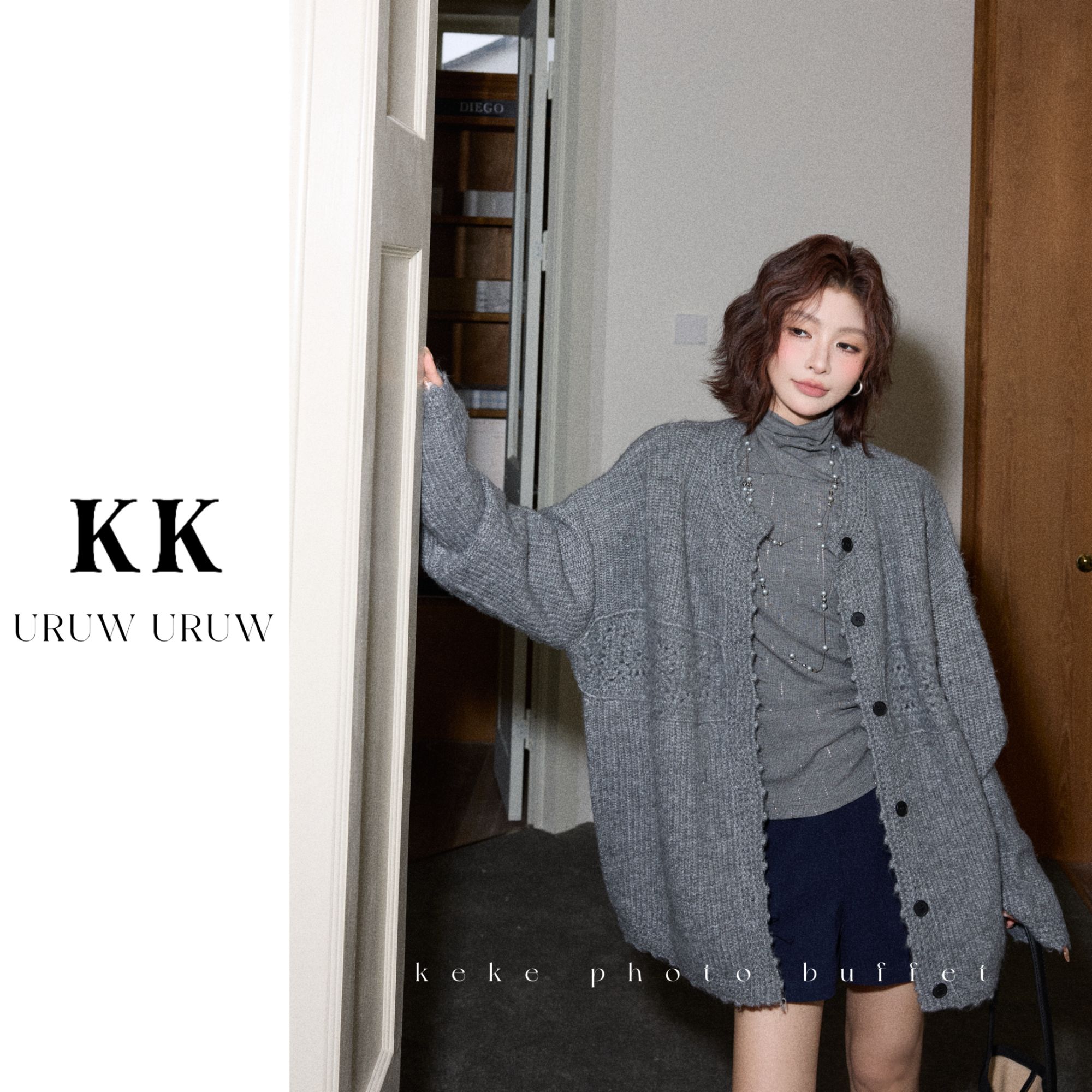 柯柯【岛上冰霜】慵懒轻奢风镂空设计圆领气质针织开衫KN386