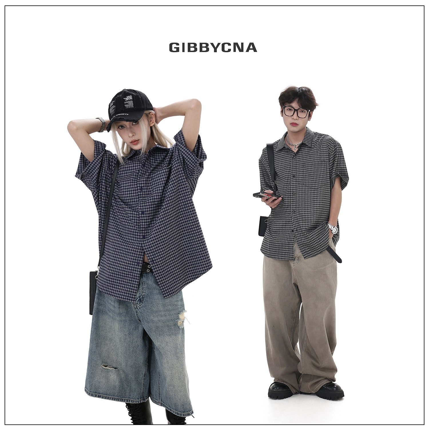 GBofficial*主线复古松弛感短袖格子衬衫男潮牌宽松休闲抗皱衬衣