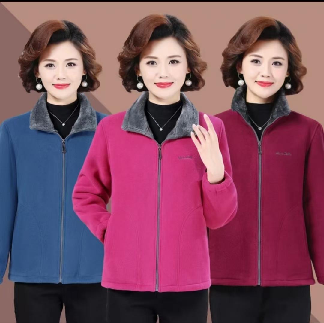 新款男女同款中老年女装冬季纯色加绒妈妈外套冬季大码开衫3