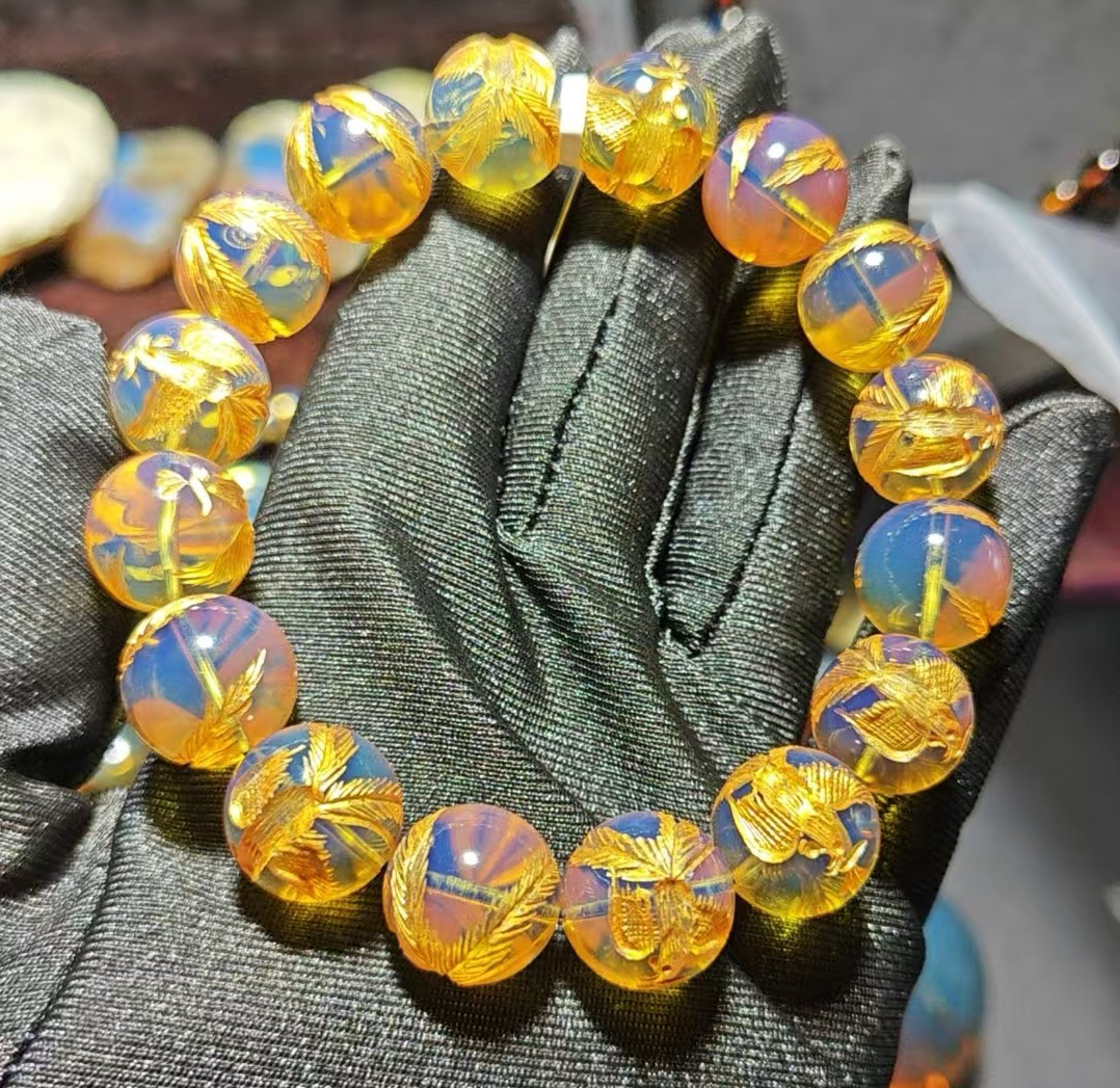 墨西哥蓝珀净水纯天然3A雕刻凤凰珠手串