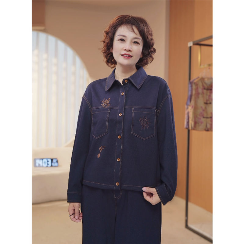 妈妈装秋装牛仔上衣裤子两件套洋气中老年气质时尚休闲套装88406