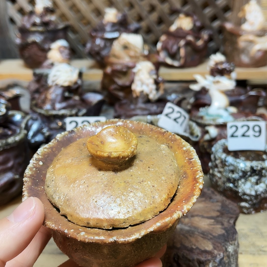 杯柴烧粗陶手捏盖碗