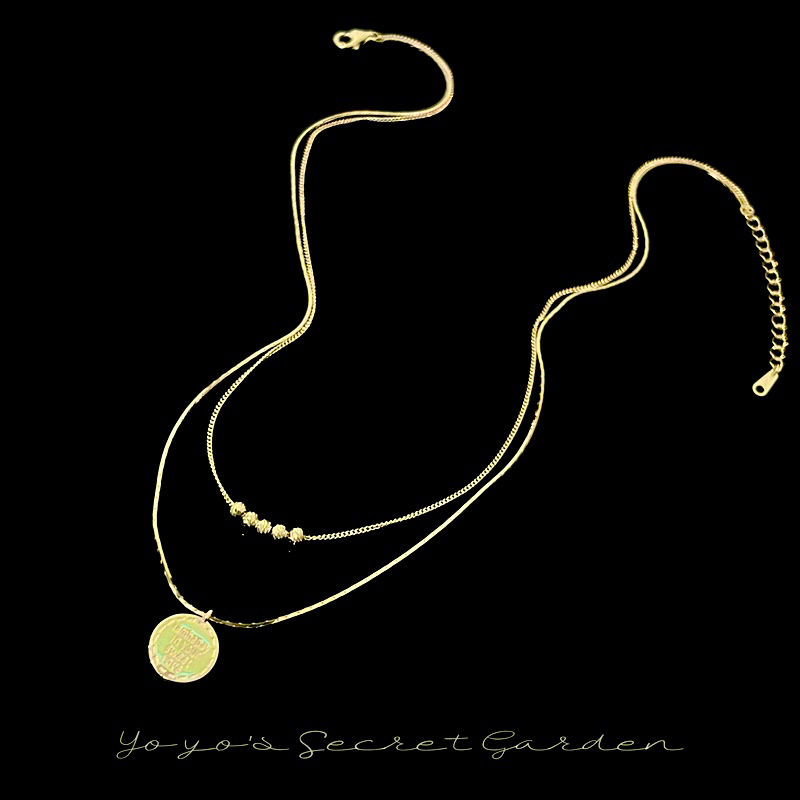 坠链均925银 997韩货nyu潮流圆牌双层叠戴锁骨链项链