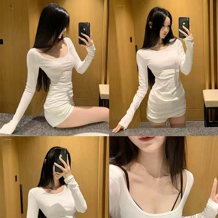 Nice_纯色时尚百搭U领长袖T恤