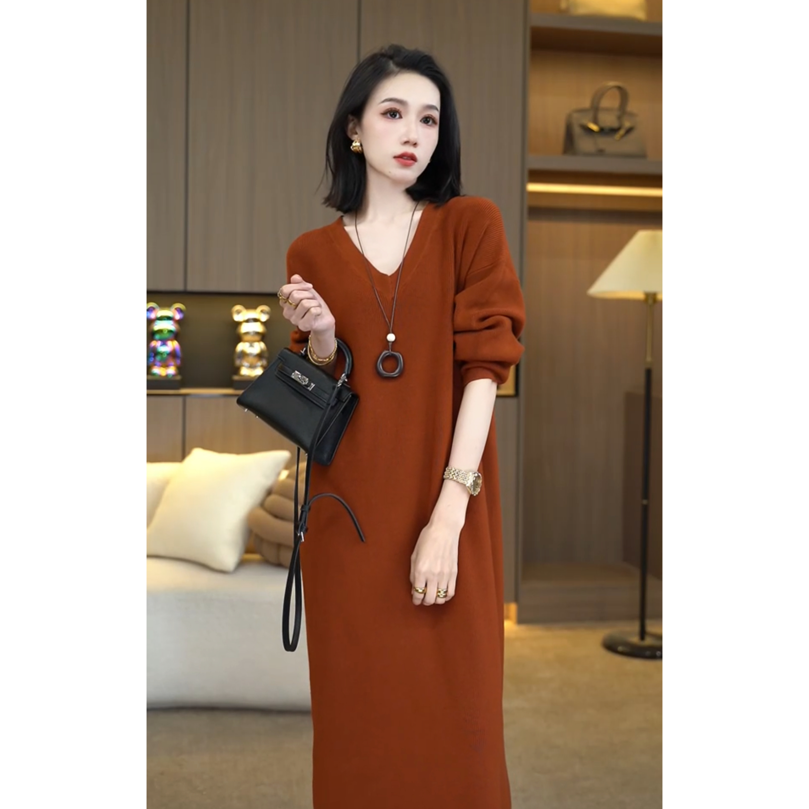 欧颍昇2025新款气质显瘦长袖V领洋气百搭松弛感女装连衣裙子7307