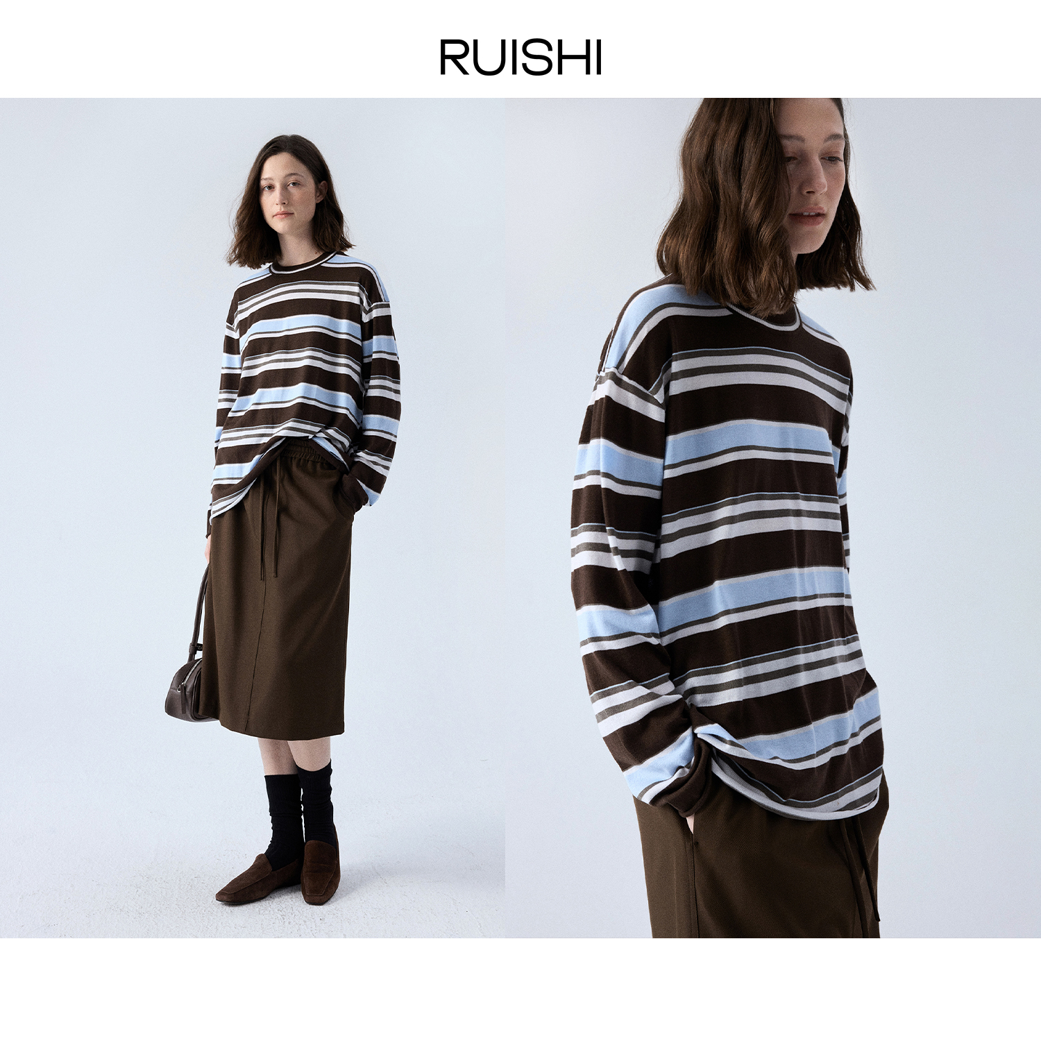 RUISHI芮时 “燕麦可可”慵懒松弛感条纹羊绒针织T恤女秋R25C103904