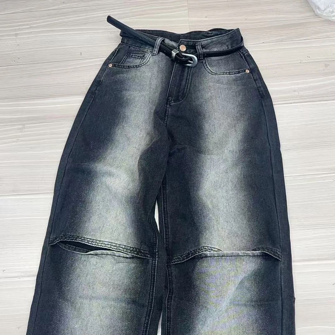 WTt-6808黑色褶皱复古中腰做旧立体剪裁拼接潮流牛仔裤时尚宽松