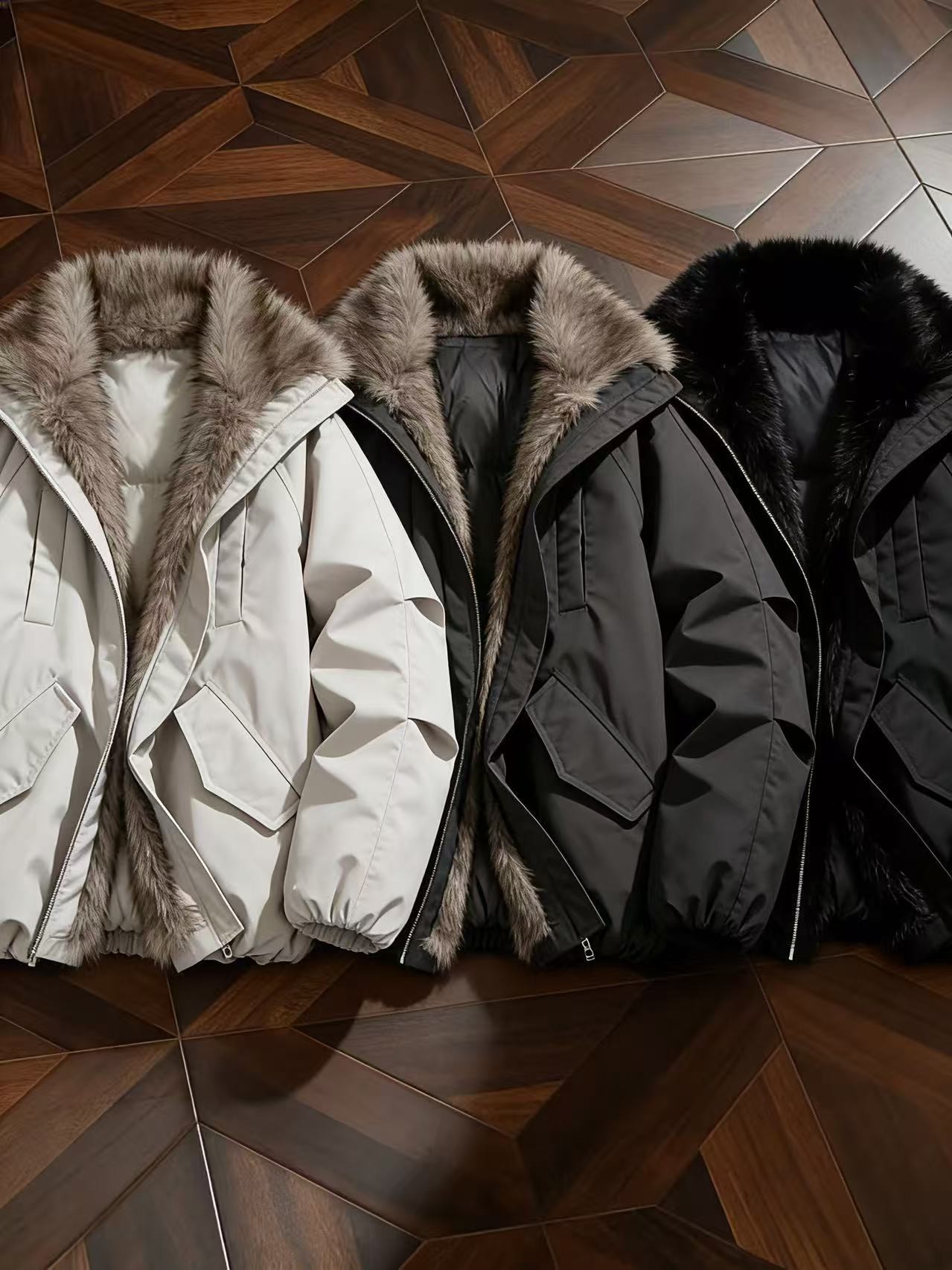 【座山雕羽绒服】90白鸭绒冬季皮草派克羽绒服宽松蓬松保暖外套