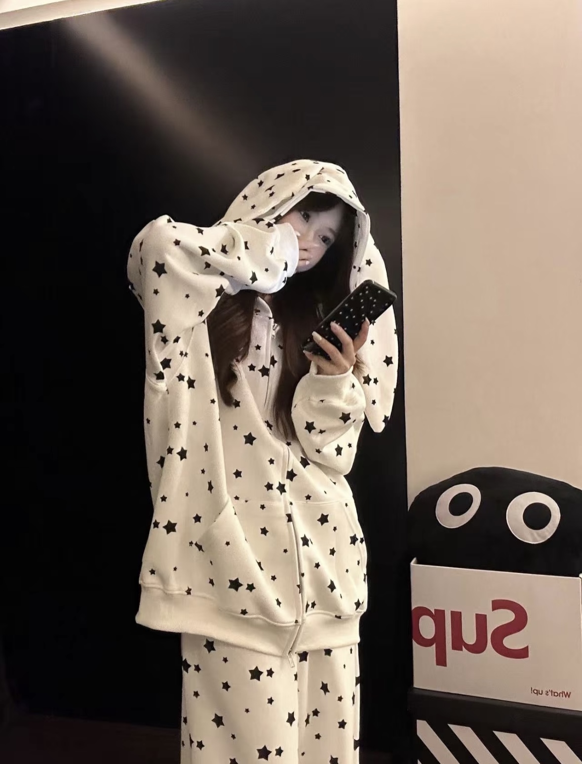 星星印花兔耳朵连帽睡衣套装2025新款宽松可居家可外穿家居服