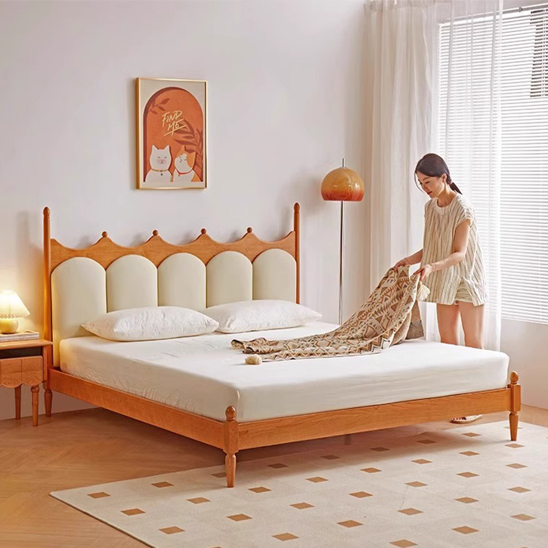 北欧复古实木床樱桃木主卧双人床轻法式奶油中古风卧室软包床家用