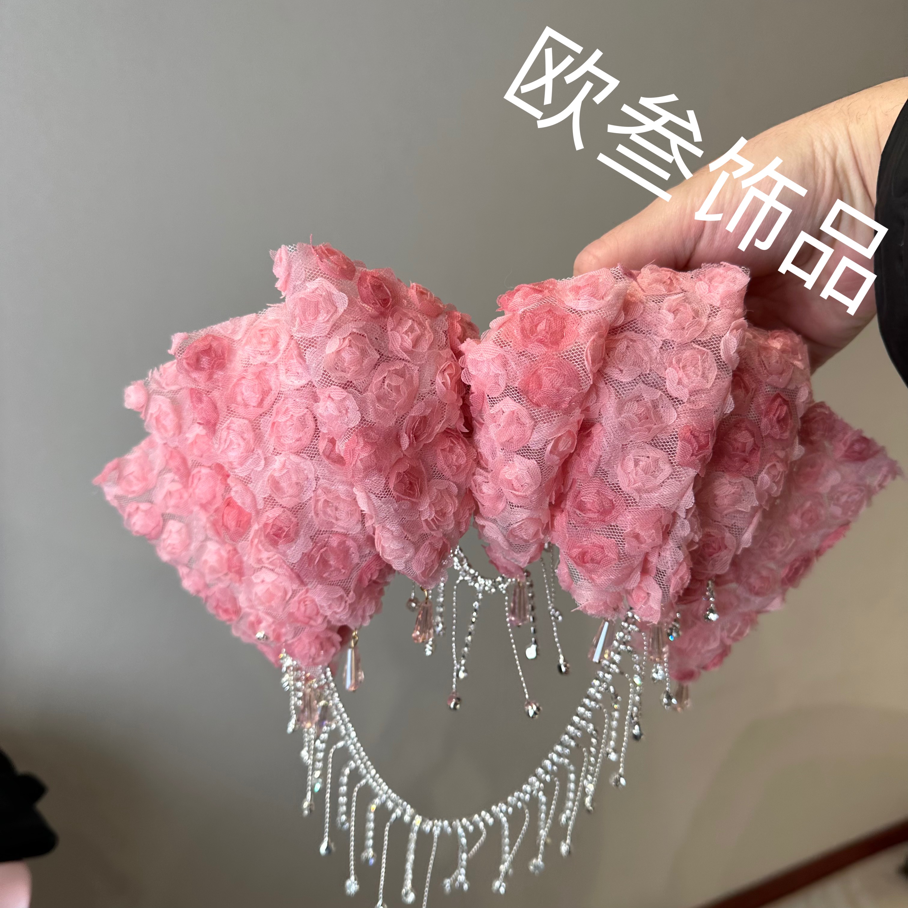 th1004粉色蕾丝玫瑰花大版蝴蝶结发夹顶夹弹簧夹发饰