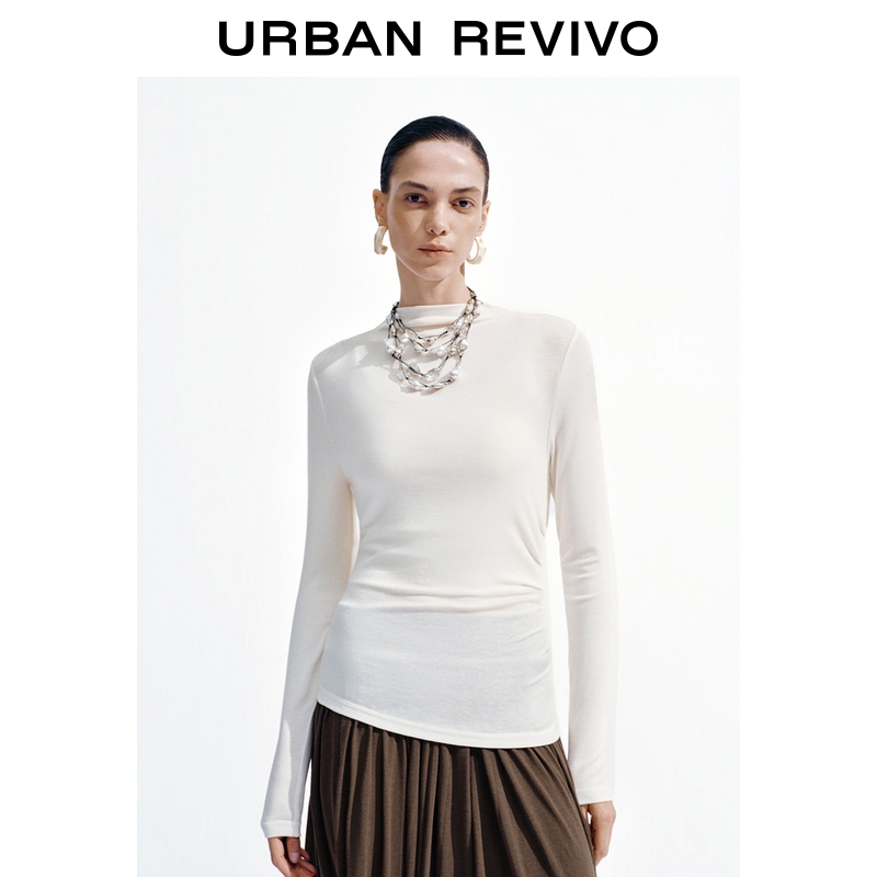 【钟楚曦同款】UR2025冬季新款女装休闲褶皱长袖T恤UWH450134