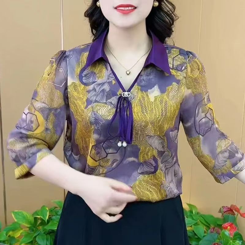 2025夏季清凉新款宽松印花雪纺简约通勤七分袖上衣