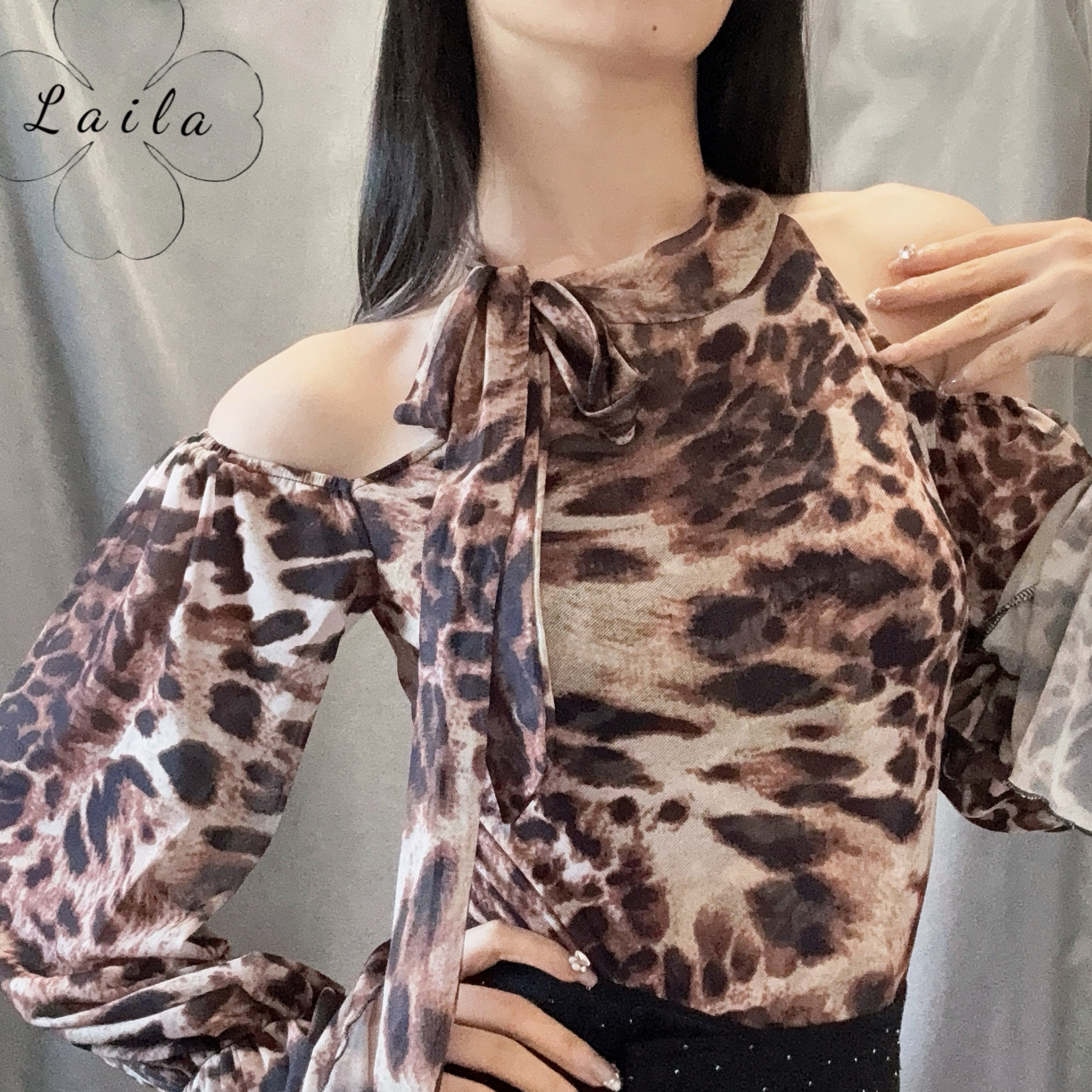 Laila摩登舞服新款上衣《绝美瑰丽》密网棕豹纹秋冬弹力摩登练习服