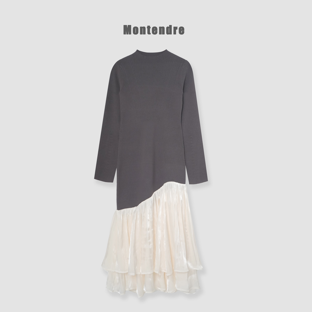 【MonTendre】秋冬新款 G 时尚罗纹针织拼接撞色高级光泽感连衣裙