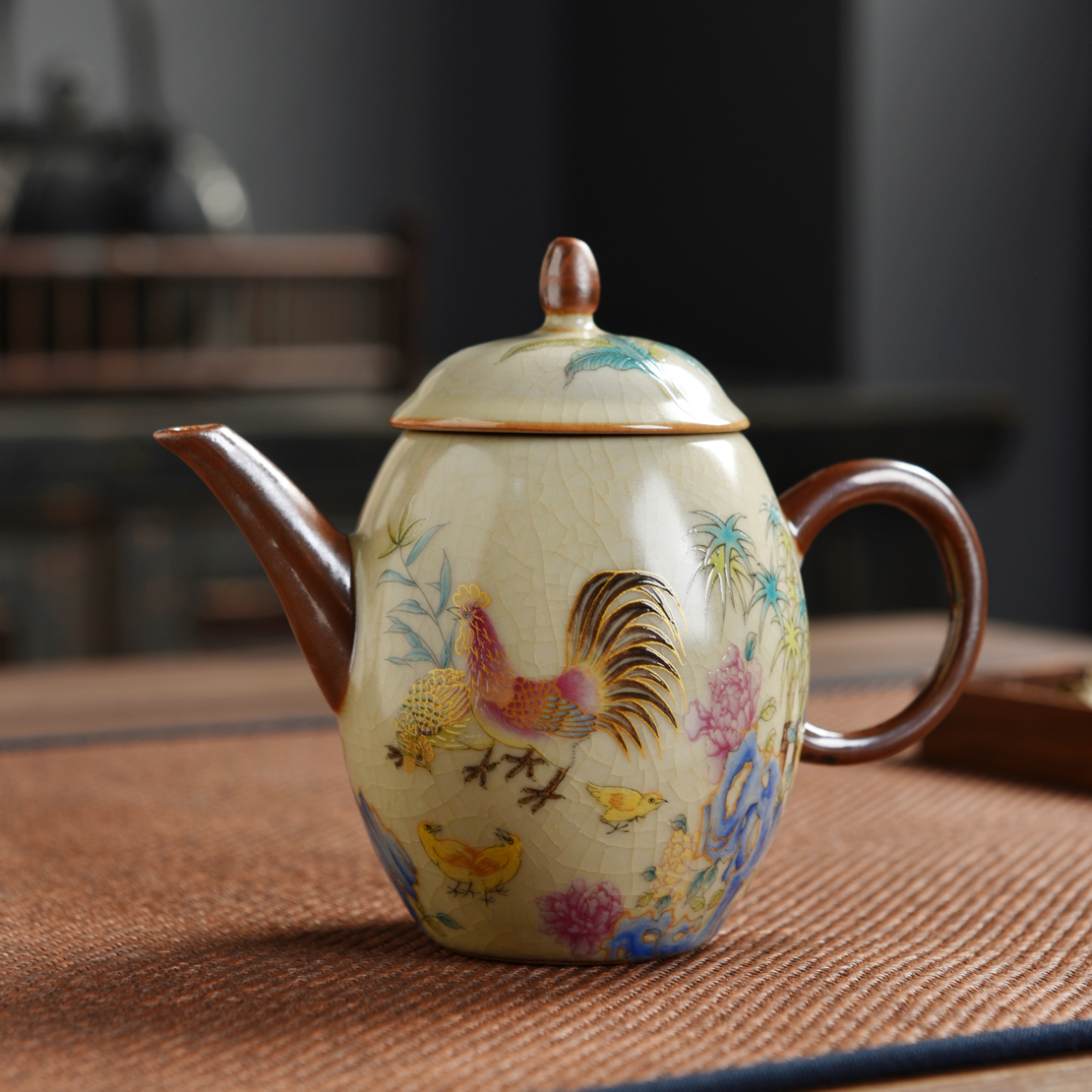 七彩公鸡美人壶汝窑陶瓷开片140毫升