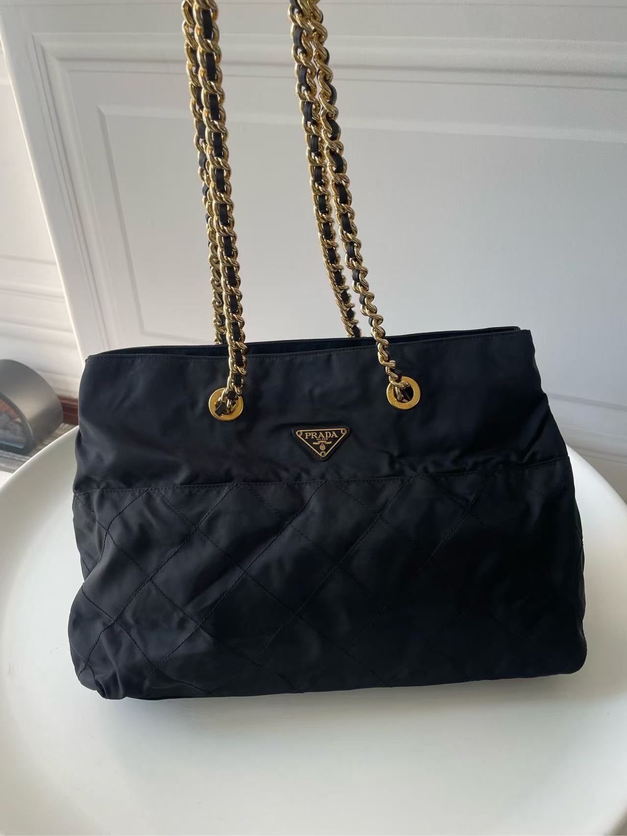95新 Prada/普拉达 CS5832/Prada黑金皮串联单肩包