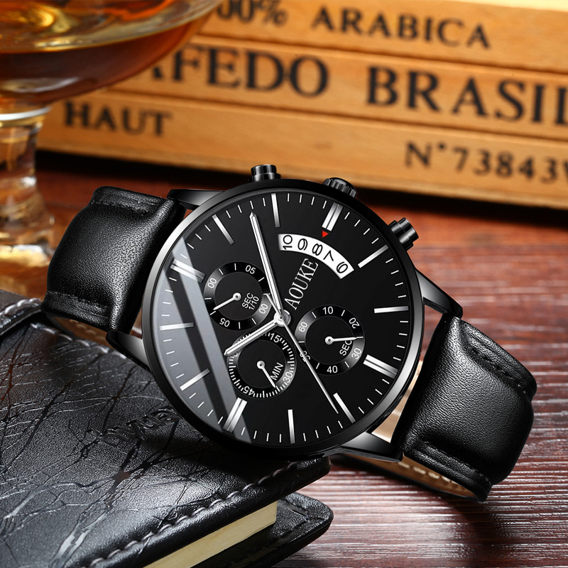 【云仓现发】简约时尚百搭黑色表盘多功能三眼六针男士手表kk503