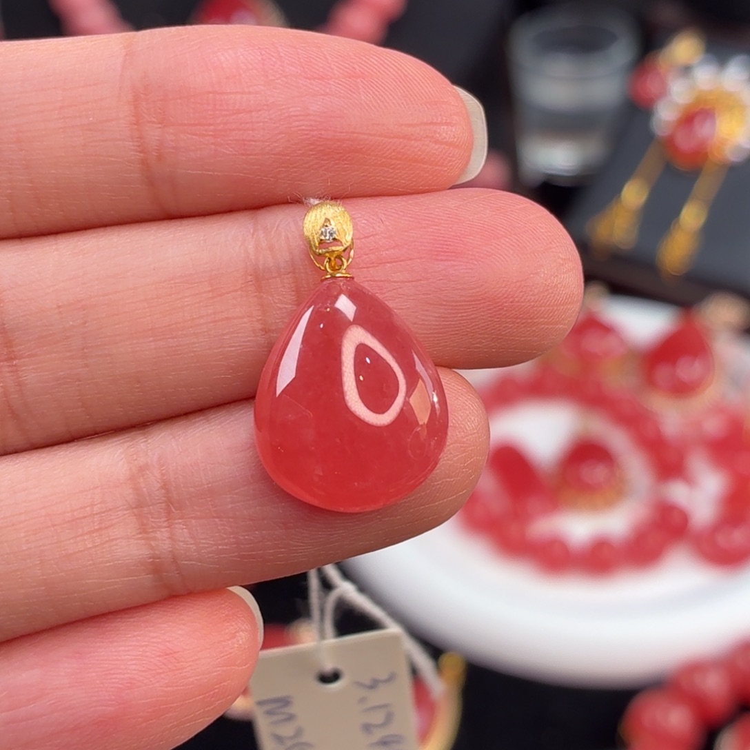 菱锰矿（红纹石）18K金镶嵌吊坠(不含链)福利款