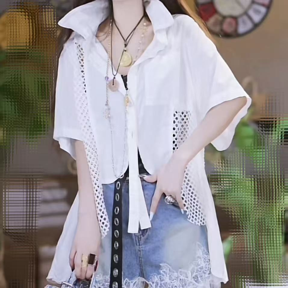 东北大花拼渔网短袖衬衫（行走中的空调衫）