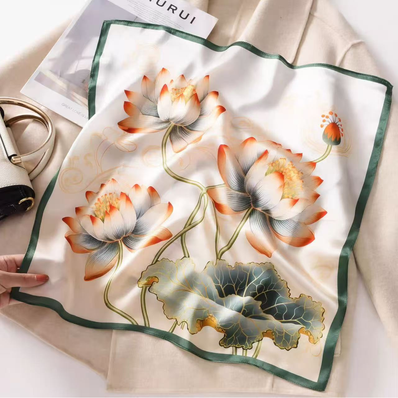 [丝间荷韵]时尚气质百搭丽锦缎披肩小方巾70*70（253-A1）