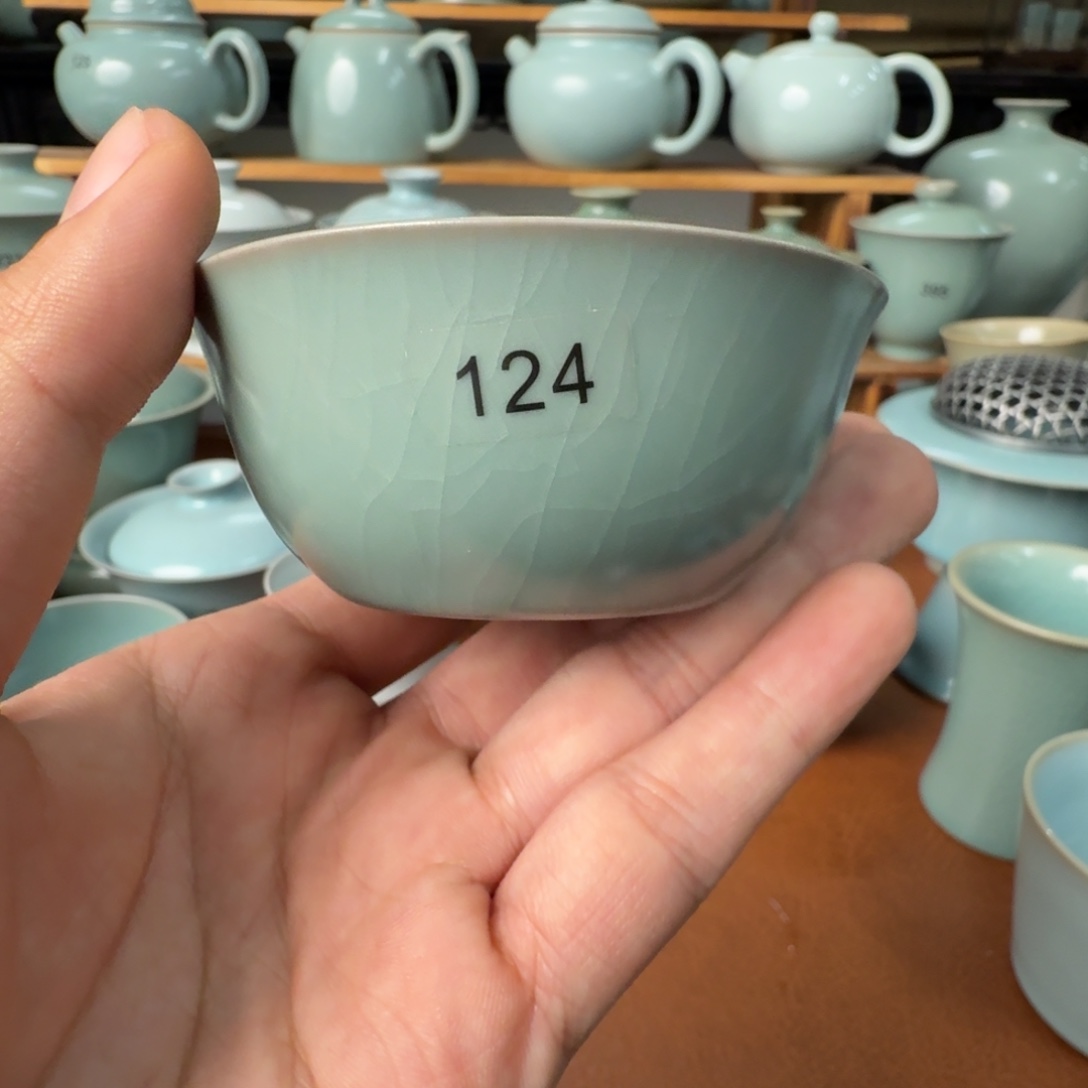 陶摆件一级仿古青绿超薄胎鸡缸杯开片