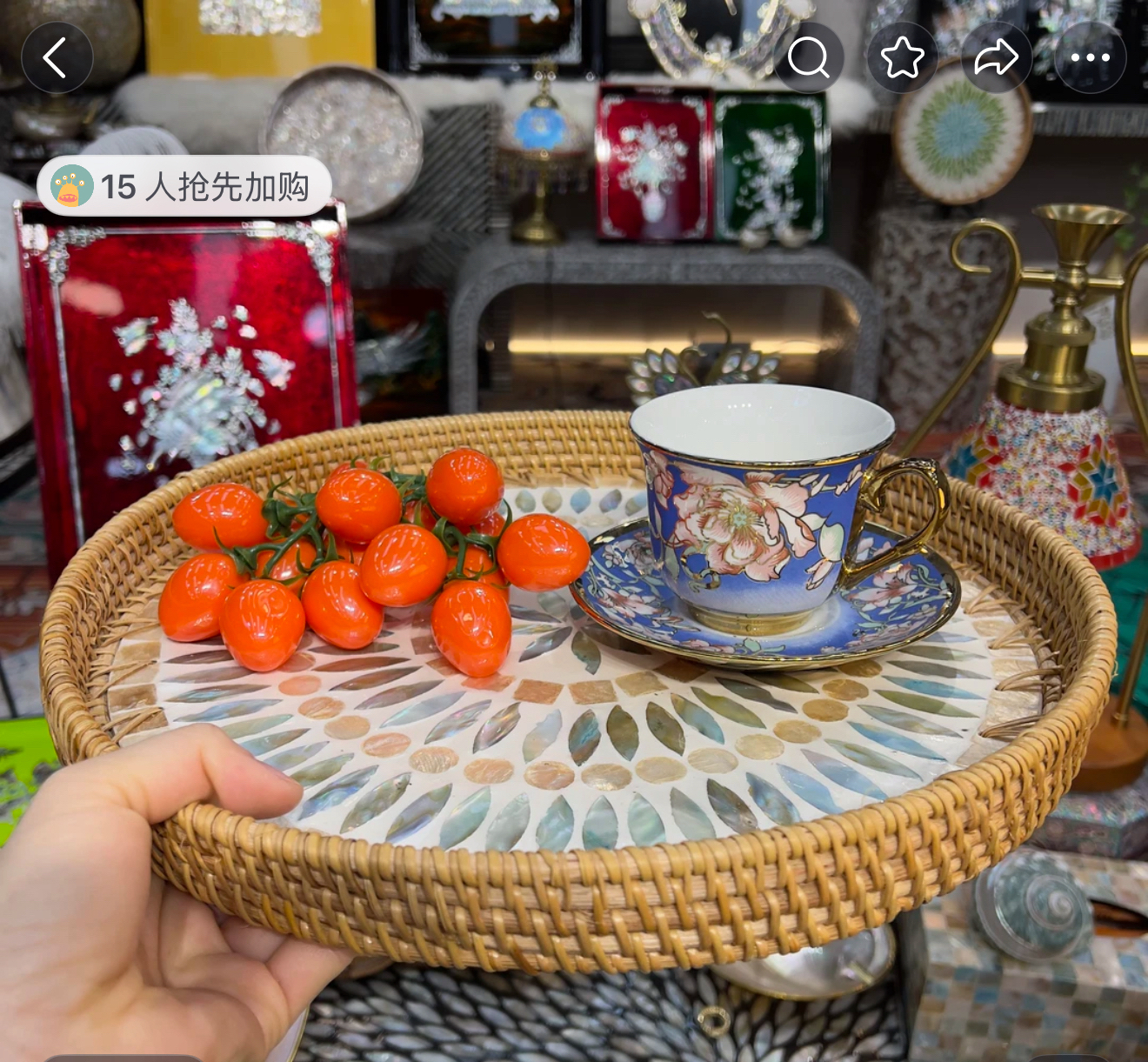 【冰蓝花轮】买一送一越南贝壳藤编圆盘35cm送30cm