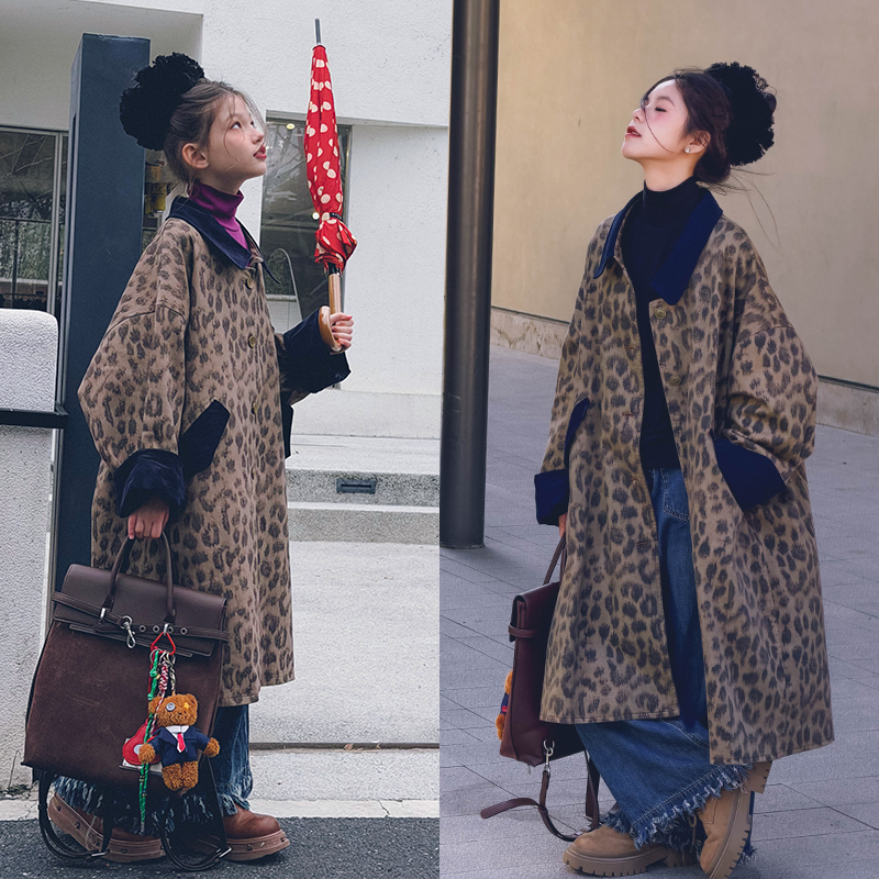 冷大娘  中大童秋冬欧美简约大牌长款豹纹风衣外套时尚宽松亲子款