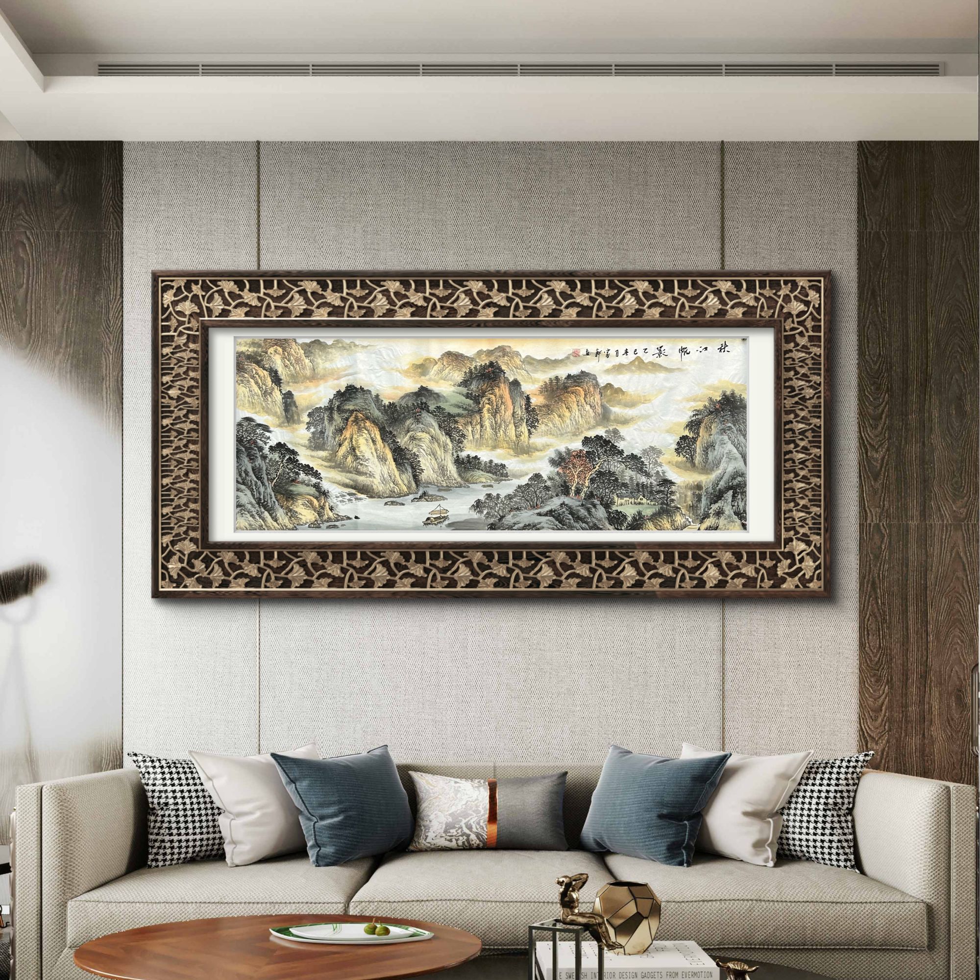 罗家轩《秋江帆影》国画挂客厅背景墙国画办公茶室书房，收藏、送礼
