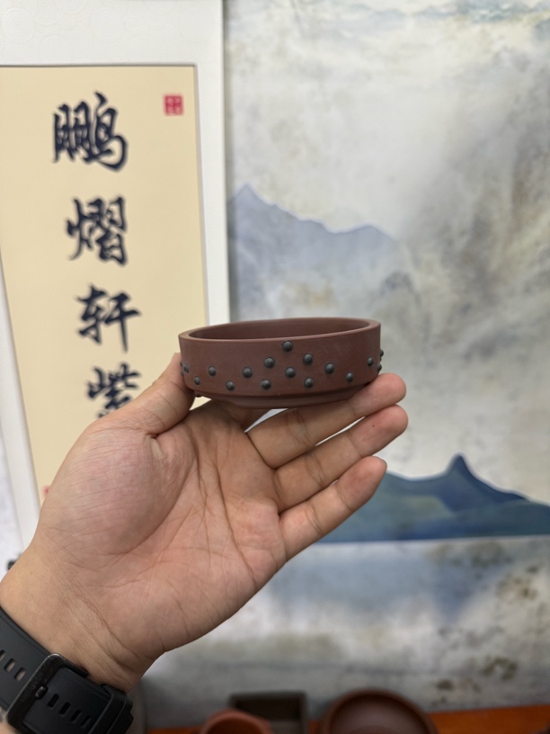 宜兴紫砂花盆内经9x2cm红皮龙泥料手拍冒钉款式花盆盆景小花盆