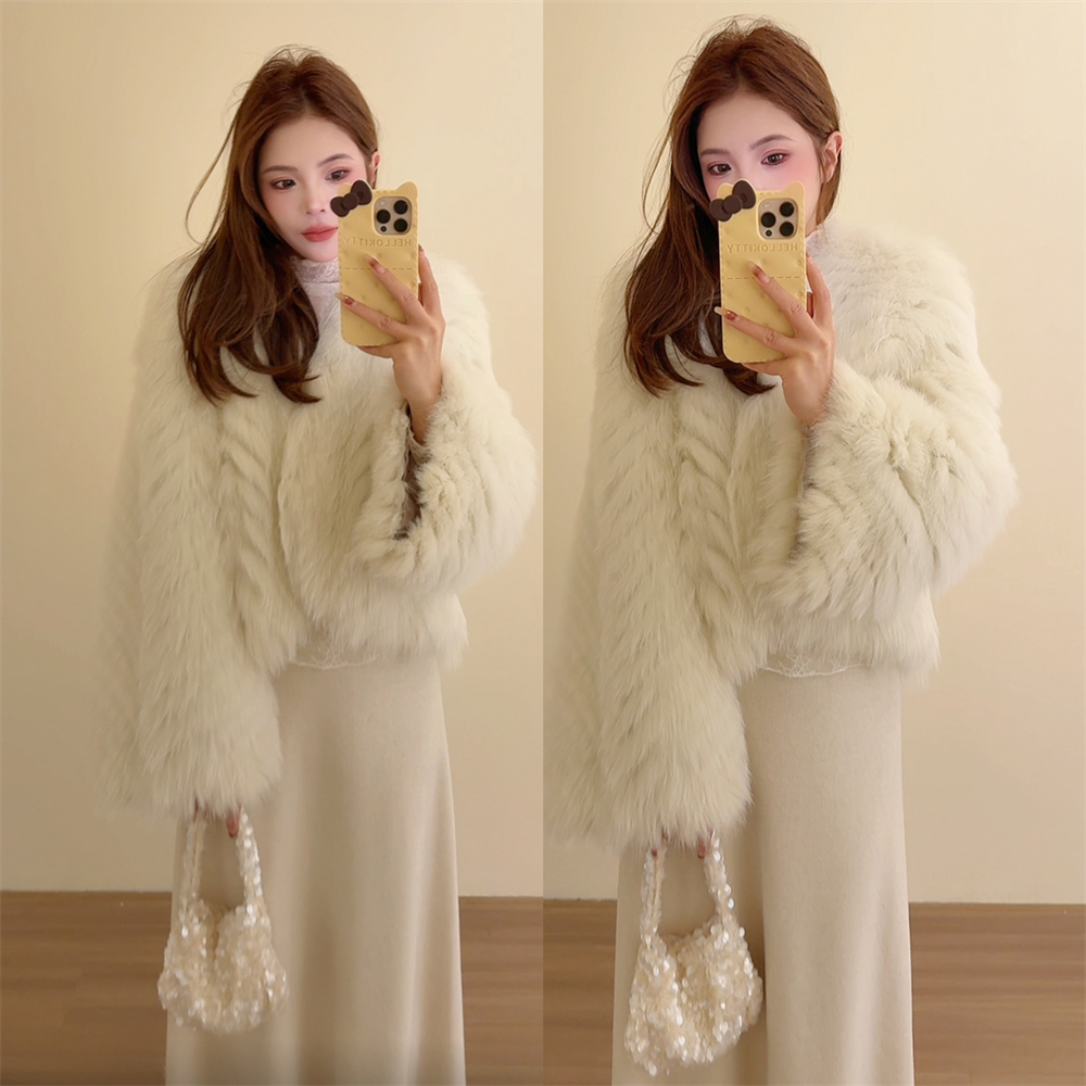 NN LIMITED≥新款自制9709 V领弧形喇叭袖感狐狸毛皮草