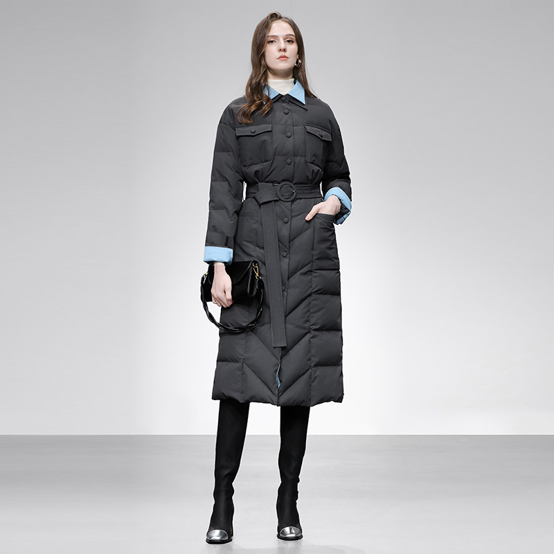 妮-冬季女装时尚撞色翻领系带过膝加厚保暖白鸭绒羽绒服HC34913