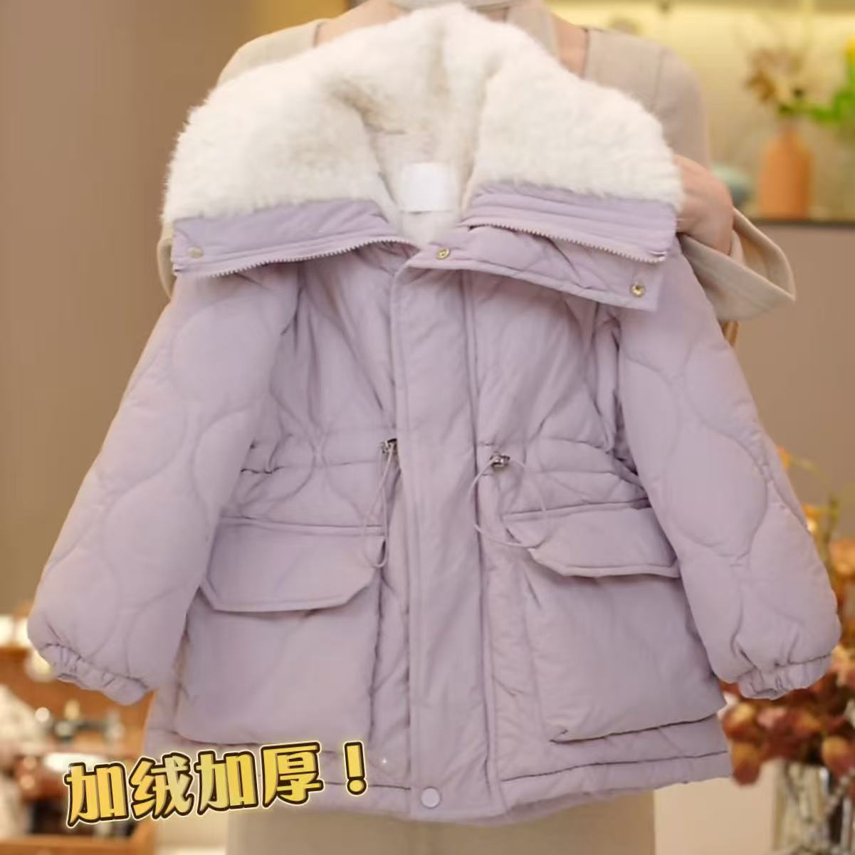 女童2026冬季新款韩版保暖纯色中长款百搭加热加厚外套6006