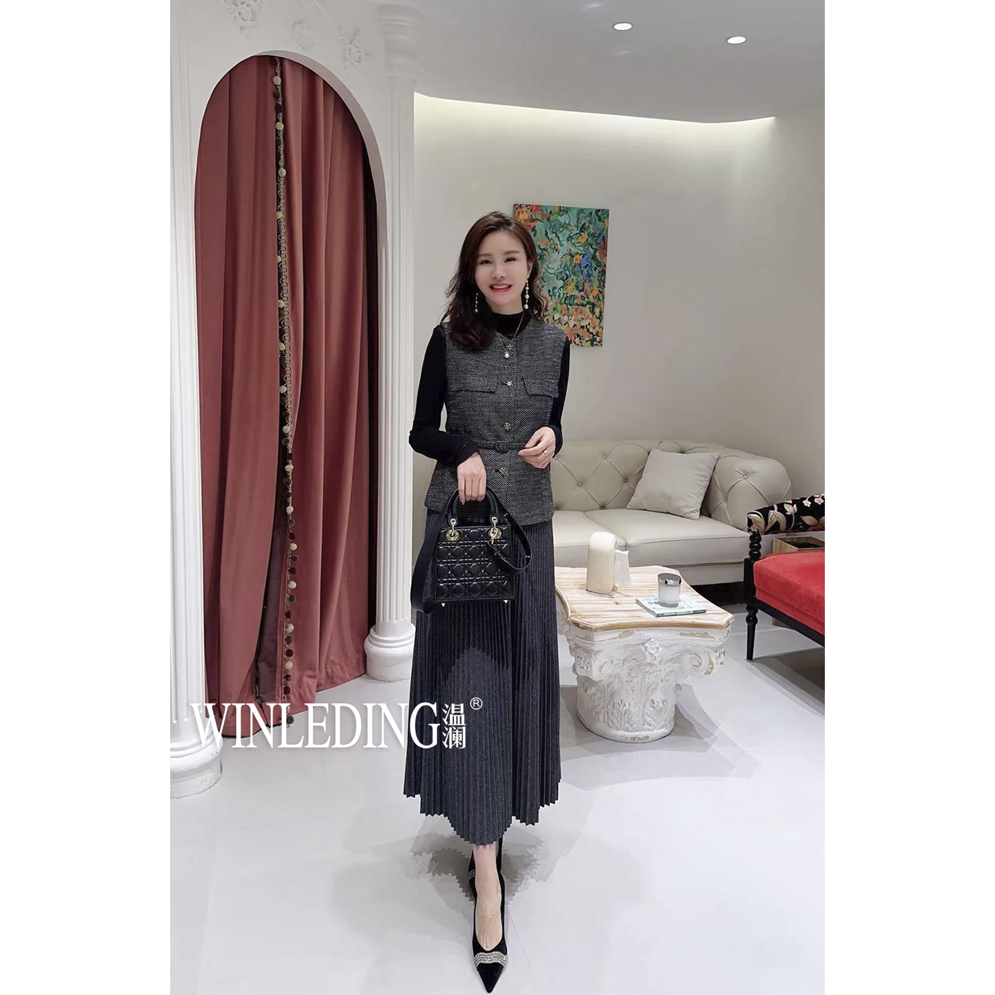 温澜服饰·澜 编织腰带百褶半裙套装40771
