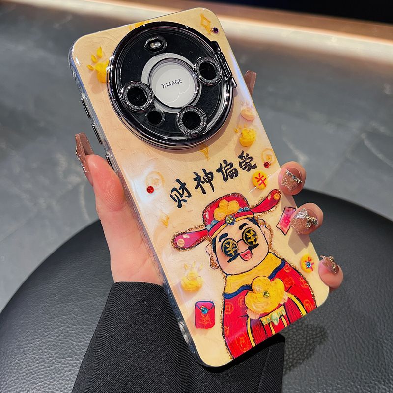 适用华为mate70系列苹果新款壳喜庆财神偏爱全包镜头膜翻盖支架