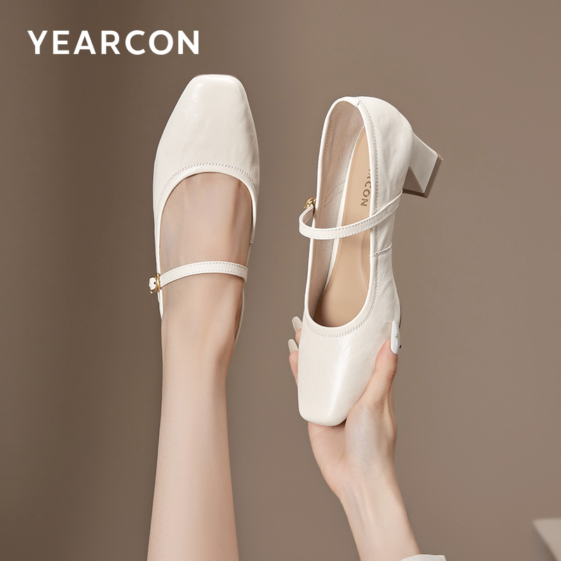 意尔康简约气质羊皮玛丽珍2025春秋舒适妈妈鞋高跟小方头时尚单鞋