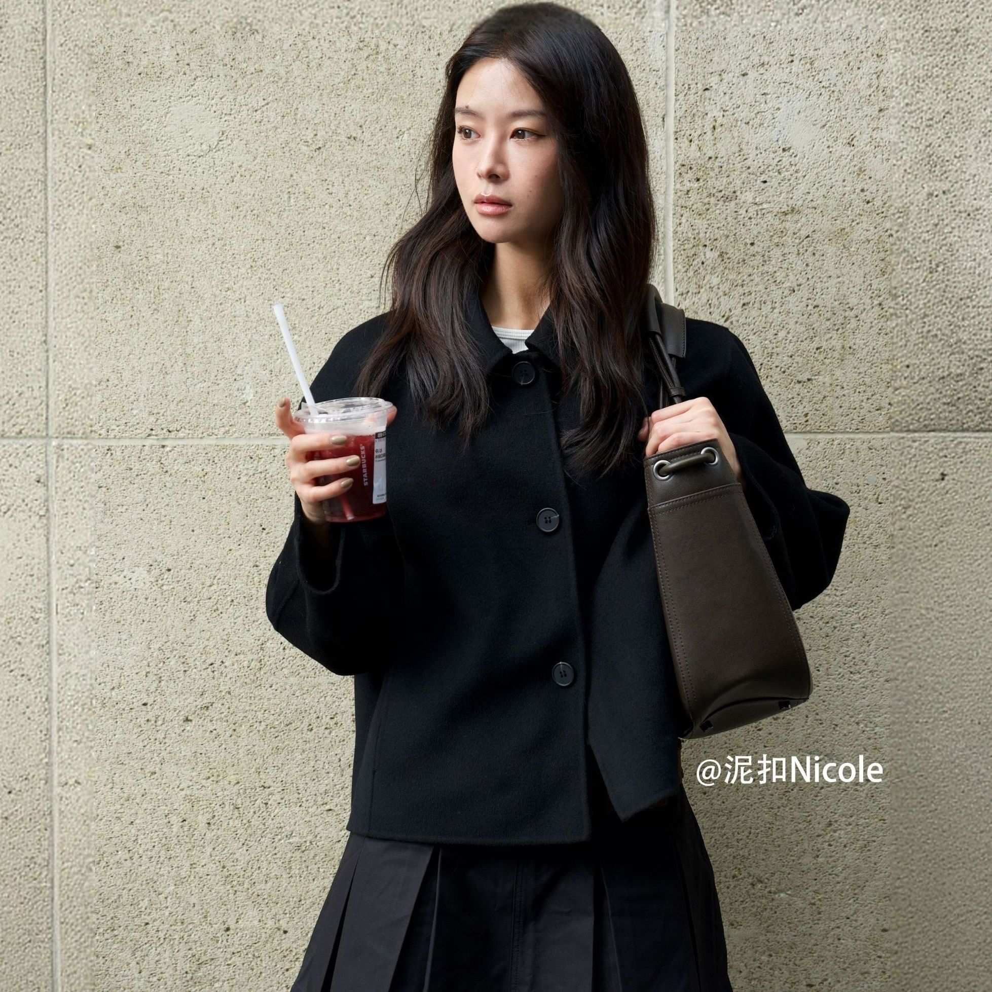 韩国秋冬女士羊毛羊绒混纺宽松简约短款毛呢大衣musinsa standard